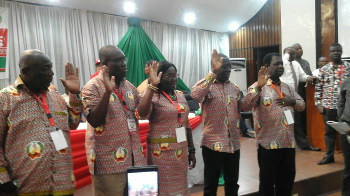 The newly elected executive being sworn in immediately after their election at the 10th Quadrennial Delegates Congress at the Kwame Nkrumah University of Science and Technology in Kumasi. They are (from right to left): the Chairperson, Reverend Richard K. Yeboah; 1st Vice- Chairperson, Alex Nyarko-Opoku; 2nd Vice–Chairperson, Philomena Aba Samson; Secretary-General, Dr Yaw Baah, and Deputy Secretary-General, Joshua Ansah The newly elected executive being sworn in immediately after their election at the 10th Quadrennial Delegates Congress at the Kwame Nkrumah University of Science and Technology in Kumasi. They are (from right to left): the Chairperson, Reverend Richard K. Yeboah; 1st Vice- Chairperson, Alex Nyarko-Opoku; 2nd Vice–Chairperson, Philomena Aba Samson; Secretary-General, Dr Yaw Baah, and Deputy Secretary-General, Joshua Ansah